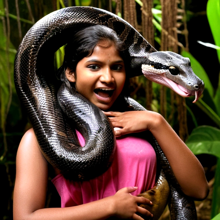 Topless Top quality, masterpiece, super high resolution, real photo, raw photo, cute, beautiful young indian teen girl, happy expression, joy, glossy skin, dramatic lighting, full body, full body wet, dirty pink tank top, sheer with thin fabric, pink shirt dirty with mud, beautiful breasts, beautiful ass, butt sticking out, creepy, in the dark jungle, waterside, black large titanboa , slim, long limbs, slimy, slim Sleeping on large titanboa a large giant black titanboa wrapped around her neck, a large titanboa wrapped around her body, a titanboa’s head from between her crotches, a titanboa and a titan’s intertwining their tongues and kissing, a girl hugging giant titanbo a girl and a large titanboa staring at each other Many large anacondas horny aroused tentacle sex large object penetration nsfw snake tongue kissing blowjob bestiality