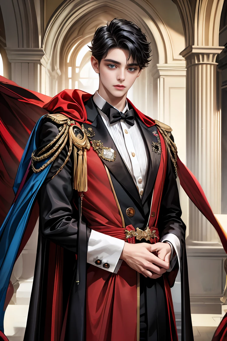 masterpiece, 最high quality, high quality, 1 boy, alone, Male focus, Watching the audience, Messy black hair, Adorable big blue eyes, White people, Noble, Noble,Sexy voluminous black and red cape、Tuxedo、A very voluminous, large, very large, very large, long, long red and black cape with a high stand-up collar, reaching down to the floor, made of a lot of fabric., 17 years old,Cute beautiful boys,Cute, cute, kind, handsome guy