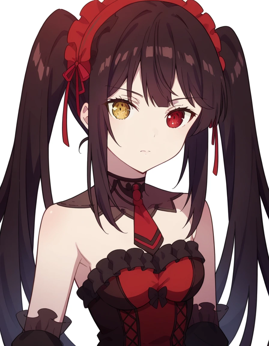 White background, 正面, no scenario, gazing at viewer,, kurumitokisaki, tokisaki kurumi, Bblack hair, Eyes red, long hair, twintails, yellow eyes, hair elastic, heterochromia, don, red don, bared shoulders, clavicle, choker, butterfly necktie, red butterfly necktie, detached sleeves, corset, volantes, neckleace, White background, 正面, no scenario, gazing at viewer, ssmile, standing alone, cowboy shot,
