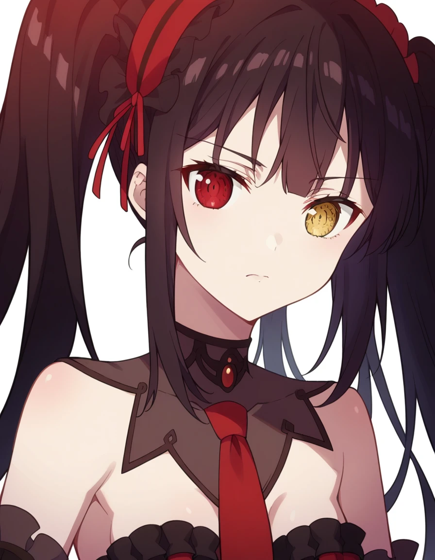 White background, 正面, no scenario, gazing at viewer,, kurumitokisaki, tokisaki kurumi, Bblack hair, Eyes red, long hair, twintails, yellow  eyes, hair elastic, heterochromia, don, red don, bared shoulders, clavicle, choker, butterfly necktie, red butterfly necktie, detached sleeves, corset, volantes, neckleace, White background, 正面, no scenario, gazing at viewer, ssmile, standing alone, cowboy shot,