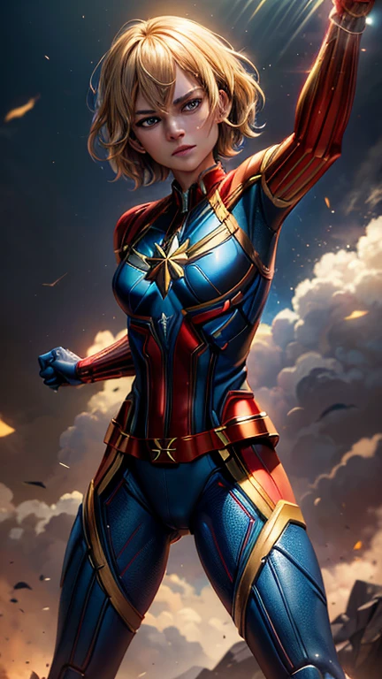 Captain Marvel(Brie Larson face), combat stance, highly detailed, vibrant appearance, creative behavior, extremly detailed, imaginative, sensual, spontaneous, small breasts, sexi, revealing, highest quality, skin texture, intricate details, (cinematic lighting), RAW photo, 8k, masterpiece,best quality,ultra-detailed,very detailed illustrations,extremely detailed,intricate details,highres,super complex details,extremely detailed 8k cg wallpaper,