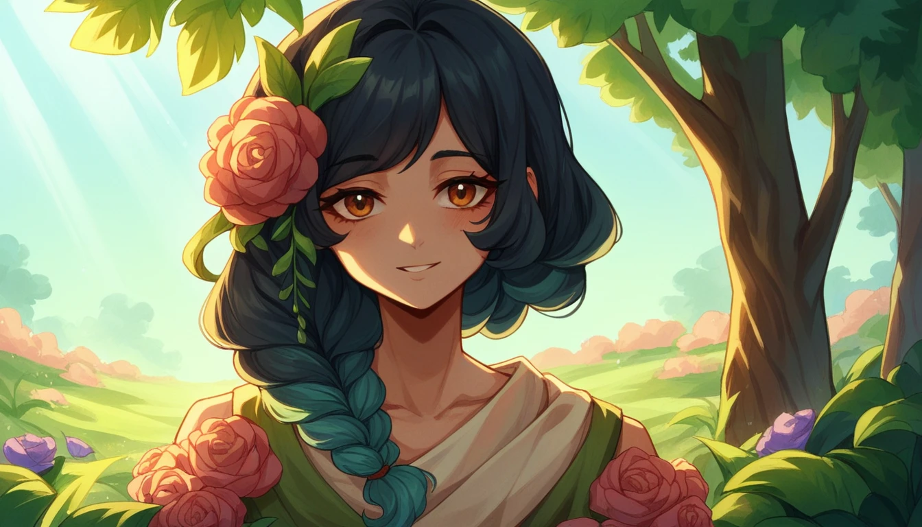 Create an image of a beautiful Indian girl in a serene morning scene. She is standing in a lush garden, surrounded by blooming flowers and dewy grass. The soft morning sunlight casts a gentle glow on her face, highlighting her traditional attire, which includes a vibrant saree with intricate patterns. Her long, dark hair flows gently in the breeze, and she has a peaceful smile on her face. The background includes a clear sky with the first rays of the sun peeking through the trees, creating a tranquil and picturesque setting.