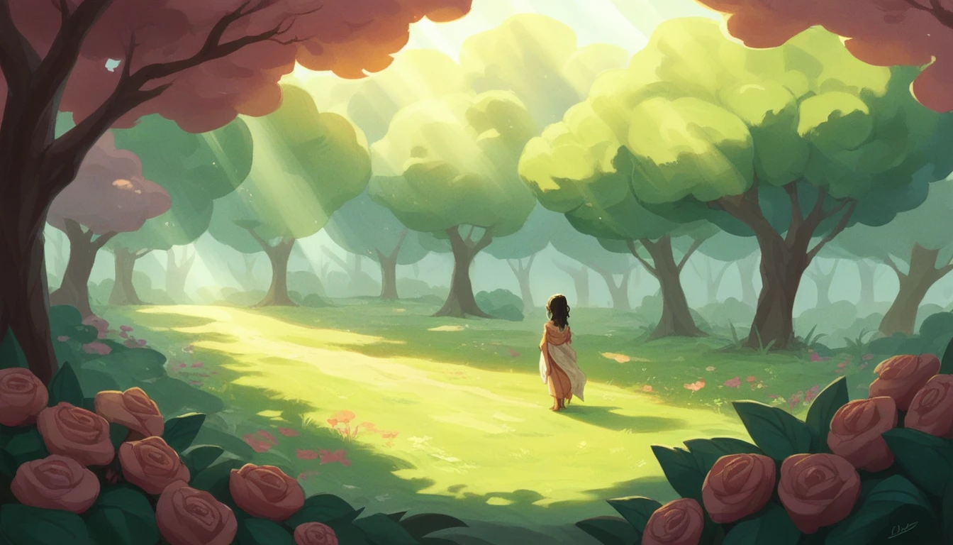 Create an image of a beautiful Indian girl in a serene morning scene. She is standing in a lush garden, surrounded by blooming flowers and dewy grass. The soft morning sunlight casts a gentle glow on her face, highlighting her traditional attire, which includes a vibrant saree with intricate patterns. Her long, dark hair flows gently in the breeze, and she has a peaceful smile on her face. The background includes a clear sky with the first rays of the sun peeking through the trees, creating a tranquil and picturesque setting.