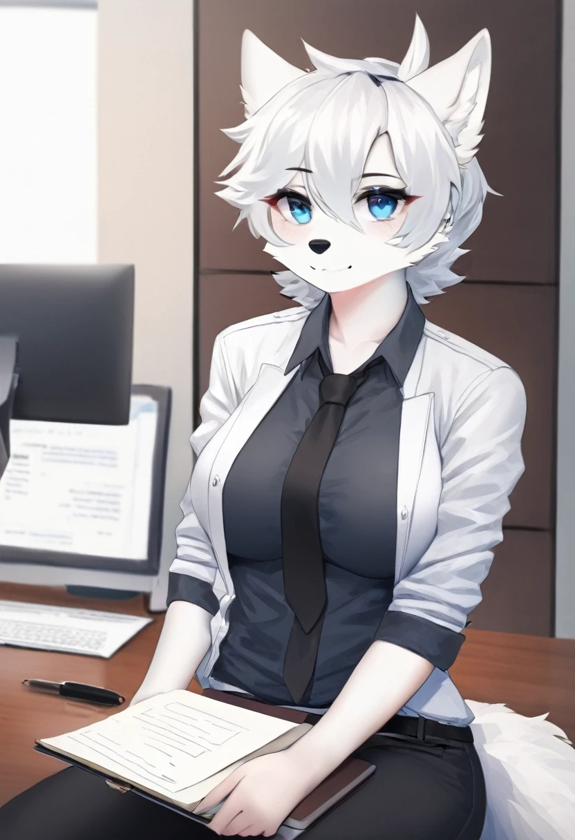 Arctic fox as a busty cute office Tomboy 