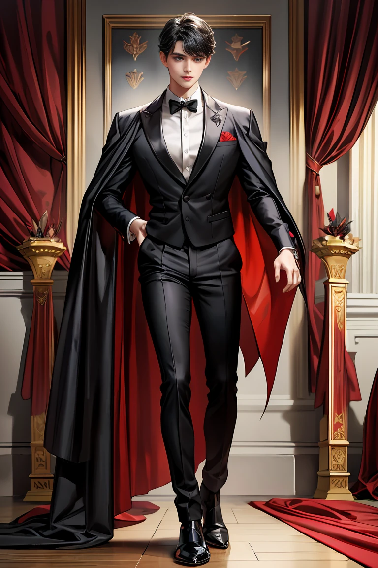 
masterpiece, 最high quality, high quality, 1 boy, alone, Male focus, Watching the audience,  Messy black hair, Adorable big blue eyes, White people, Noble, Noble,Sexy voluminous black and red cape、Tuxedo、A very voluminous, large, very large, very large, long, long red and black cape with a high stand-up collar, reaching down to the floor, made of a lot of fabric., ,Cute beautiful boys,Cute, cute, kind, handsome guy