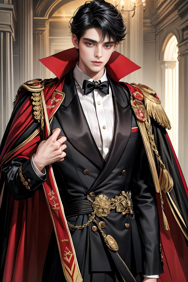 
masterpiece, 最high quality, high quality, 1 boy, alone, Male focus, Watching the audience,  Messy black hair, Adorable big blue eyes, White people, Noble, Noble,Sexy voluminous black and red cape、Tuxedo、A very voluminous, large, very large, very large, long, long red and black cape with a high stand-up collar, reaching down to the floor, made of a lot of fabric., 17 years old,Cute beautiful boys,Cute, cute, kind, handsome guy