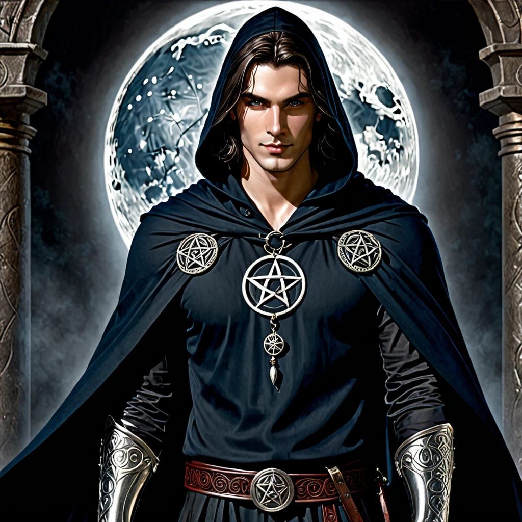 badass clothing: Lorcan wears a black cloak of light fabric that flows around him., with the symbol of Tenebra – a pentagram surrounded by phases of the moon – embroidered in silver on the chest. Under the cloak, he wears practical, dark clothes, suitable for both combat and stealth.
Accessories: He carries an amulet with the symbol of Tenebra, which he uses as a sacred focus. Em seu cinto, there are small pouches containing components for spells and thieves' tools. It also has a short bow, often hidden in their clothes.
Physical characteristics: Lorcan is of average height and has a lean physique, His hair is black and usually combed back, but some locks fall on your face, adding an air of mystery.
muka: His face is angular and marked by strong features. His eyes are piercing and a deep shade of blue., who seem to see through people, uncovering your deepest secrets. He often displays an enigmatic smile that suggests both confidence and mischief..
Additional Detail: in the shadows, Lorcan seems to blend in almost magically, as if the darkness itself were an extension of your being. Your presence is both intimidating and fascinating., making it difficult to look away when he's nearby.