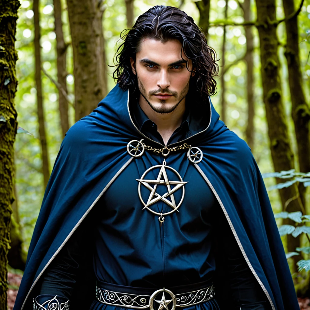 badass clothing: Lorcan wears a black cloak of light fabric that flows around him., with the symbol of Tenebra – a pentagram surrounded by phases of the moon – embroidered in silver on the chest. Under the cloak, he wears practical, dark clothes, suitable for both combat and stealth.
Accessories: He carries an amulet with the symbol of Tenebra, which he uses as a sacred focus. Em seu cinto, there are small pouches containing components for spells and thieves' tools. It also has a short bow, often hidden in their clothes.
Physical characteristics: Lorcan is of average height and has a lean physique, His hair is black and usually combed back, but some locks fall on your face, adding an air of mystery.
muka: His face is angular and marked by strong features. His eyes are piercing and a deep shade of blue., who seem to see through people, uncovering your deepest secrets. He often displays an enigmatic smile that suggests both confidence and mischief..
Additional Detail: in the shadows, Lorcan seems to blend in almost magically, as if the darkness itself were an extension of your being. Your presence is both intimidating and fascinating., making it difficult to look away when he's nearby.