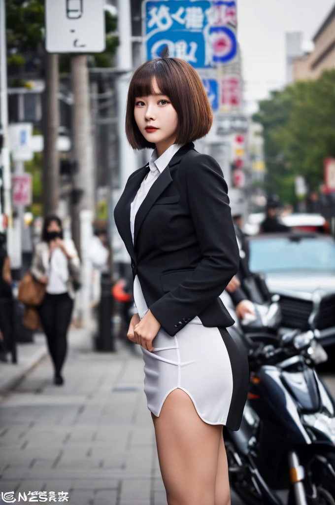 a 22 year old face of the most beautiful actress in the world, the perfect body proportions of a female, tight blazer is worn with formal shirt on female upper body, panties of female crotch between bare legs under short skirt are seen, the short hair cut of a female is just like male one, standing, at the city street, nsfw, best quality, highly detailed, masterpiece, ultra high res, photo realistic, 8k
