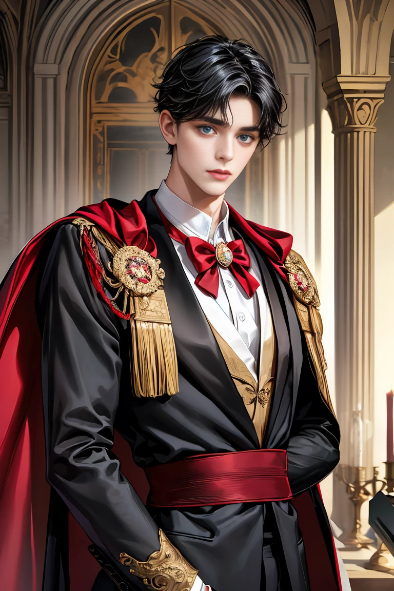 
masterpiece, 最high quality, high quality, 1 boy, alone, Male focus, Watching the audience,  Messy black hair, Adorable big blue eyes, White people, Noble, Noble,Sexy voluminous black and red cape、Tuxedo、A very voluminous, large, very large, very large, long, long red and black cape with a high stand-up collar, reaching down to the floor, made of a lot of fabric., 17 years old,Cute beautiful boys,Cute, cute, kind, handsome guy