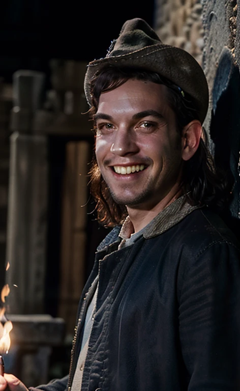 (Best Quality:1.3), Filming of movies, Masterpiece, (sharp focus:1.5), (natural:1.3), Medium portrait (A young medieval sorcerer with long wavy hair, SMILE, proud and fierce, Wearing an exquisite blue tunic and a peaked hat., There are several lit torches on the wall., Give the scene a dark atmosphere.,But the shape has a stark contrast between light and dark.), evening, (highly refined leather), (detailed face), detailed background, Dark light, twilight lighting, volumetric lighting, intricate details, ultra high definition,