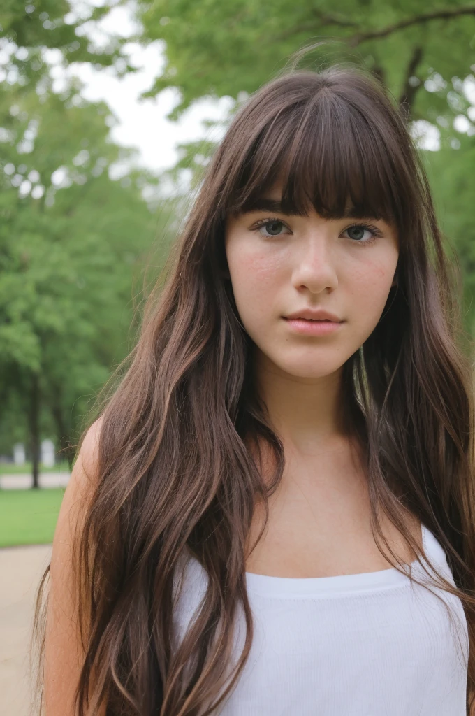 A pretty 17 year old girl with long hair with wavy bangs with a cute and pretty face in a park very sweaty