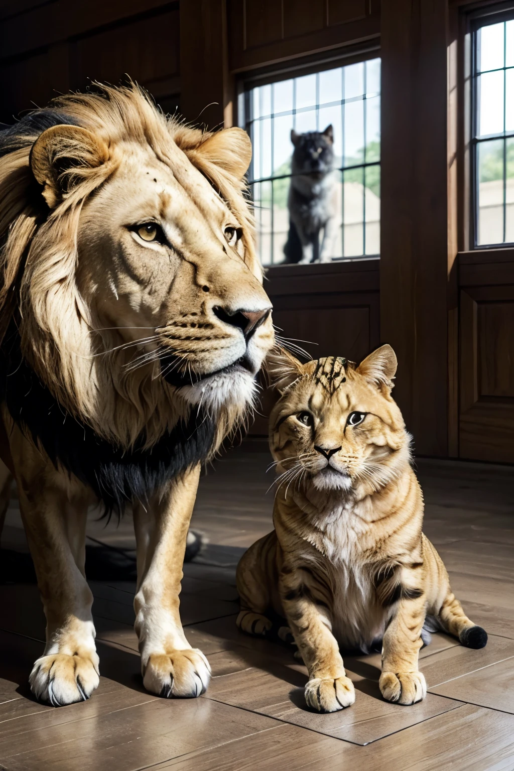 an image of a dog,a cat and a horse in a trial where the lion is the judge