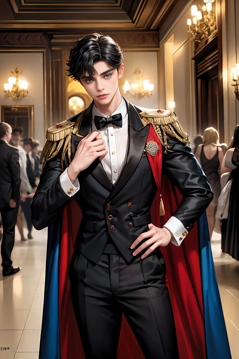 masterpiece, 最high quality, high quality, 1 boy, alone, Male focus, Watching the audience, Messy black hair, Adorable big blue eyes, White people, Noble, Noble,Sexy voluminous black and red cape、Tuxedo、A very voluminous, large, very large, very large, long, long red and black cape with a high stand-up collar, reaching down to the floor, made of a lot of fabric., ,Cute beautiful boys,Cute, cute, kind, handsome guy