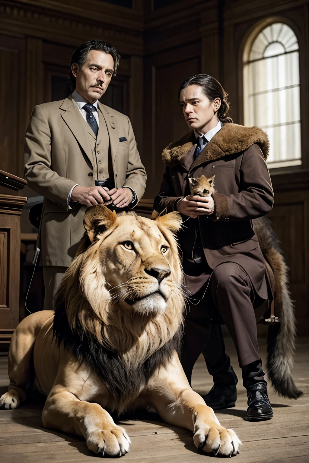 an image of a dog,a cat and a horse in a trial where the lion is the judge