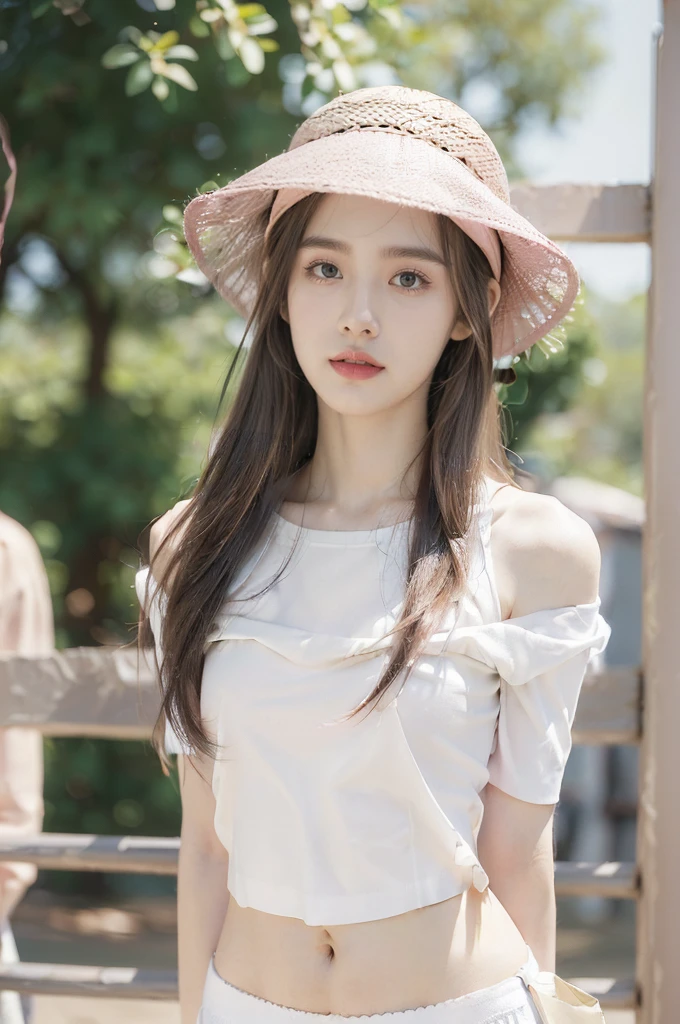 (Extremely meticulous CG),(((8k))),wallpaper,((Extremely refined and beautiful)),(((Masterpiece))),(((best qualtiy))),(((Ultra High Resolution))),realistic shaded,(Smooth and flawless fair skin:1.5),(Extremely exquisite facial details:1.2),(ultra-detailed:1.5),((a beautiful girl,solo)),(Pink Fisherman's Hat:1.5),(shoulder length straight hair:1.3),(small head:1.2),(slender face:1.2),(Exquisite makeup:1.3),(happy:1.2),(laughing:1.2),(perfect body:1.2),(oversize white shirt with short sleeves:1.3),(small breasts:1.3),(flat chest:1.2),(briefs:1.3),((slim,thin)),(from front:1.3),(standing:1.3),(arms behind back:1.3),(at the schoolgate:1.5),(urban landscape:1.3),(outdoor:1.3),(summer:1.3),(day scene:1.3),(afternoon sunshine:1.3),(upper body:1.3),(surrounded by crowded crowds:1.5)
