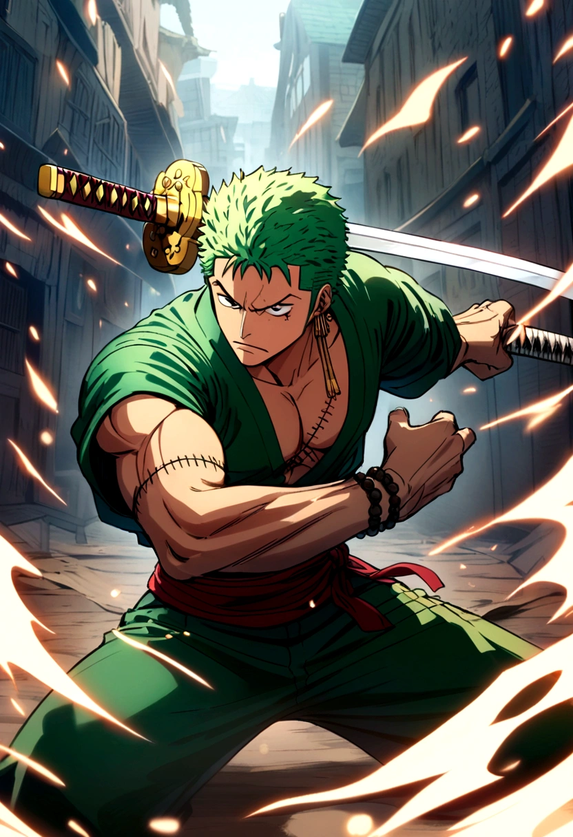 "Generate an image of Roronoa Zoro, a character from the popular anime and manga series 'One Piece.' Zoro is a skilled swordsman and a member of the Straw Hat Pirates. He is known for his distinctive green hair, bandana, and three swords style. Depict Zoro in a dynamic pose that showcases his swordsmanship skills and determination. Capture his serious expression and the intensity of a battle-ready warrior. Pay attention to details such as his swords, scars, and the iconic 'One Piece' symbol on his left bicep. The background should reflect the adventurous spirit of the series, with hints of the sea and pirate motifs. Use bold and vibrant colors to bring the character to life and create a visually striking image that resonates with fans of the series."