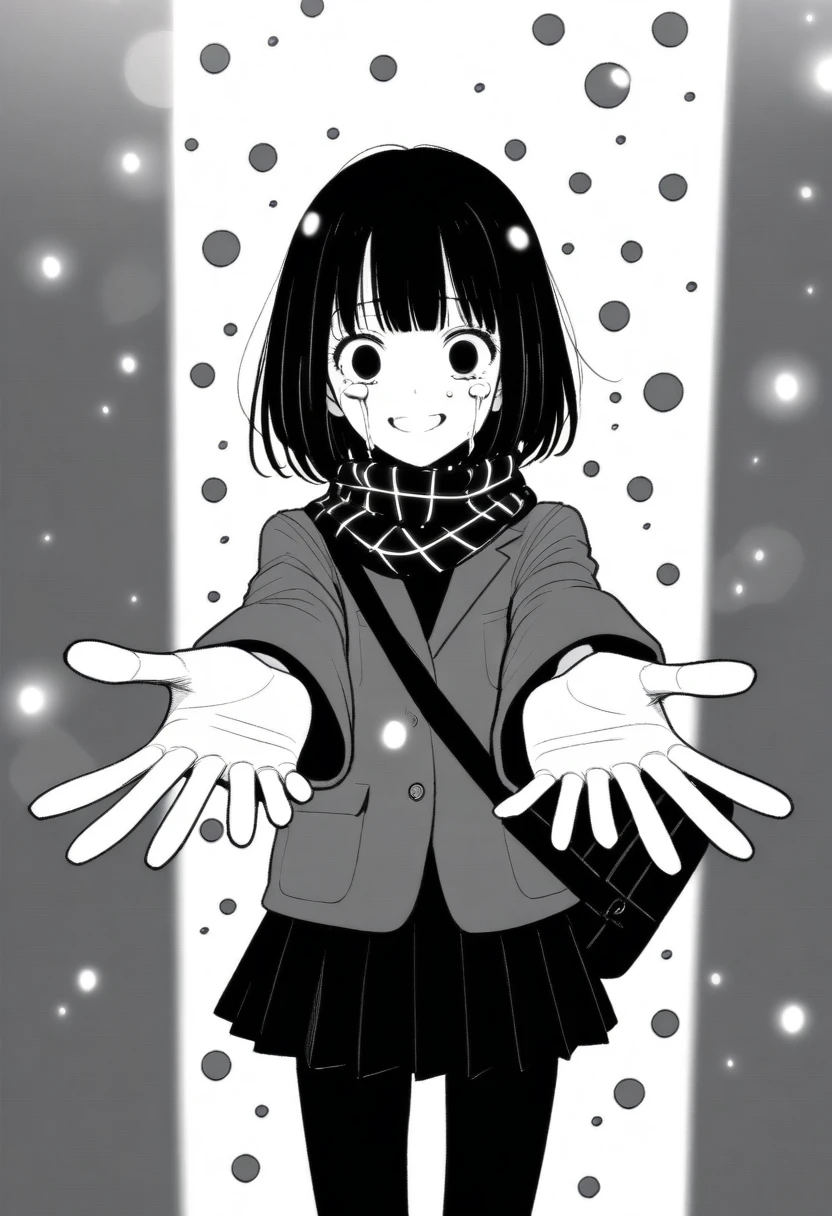 masterpiece, best quality, 1girl, mamerakkkkko, grayscale, manga style, japanese, chi no wadachi, black eyes, street, iced, black hair, schoolbag, smile, lineart, black coat, black scarf, black pleated skirt, leggins, centered, 18 years old, tall, fair skinned, bokeh background, crying, tears, tears streaming, bob cut, light particles, centered, snowing, (((reaching out a hand to viewer)))
