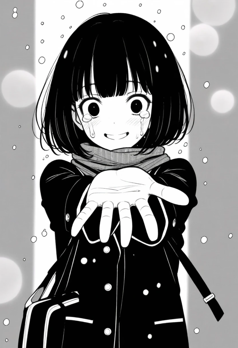 masterpiece, best quality, 1girl, mamerakkkkko, grayscale, manga style, japanese, chi no wadachi, black eyes, street, iced, black hair, schoolbag, smile, lineart, black coat, black scarf, black pleated skirt, leggins, centered, 18 years old, tall, fair skinned, bokeh background, crying, tears, tears streaming, bob cut, light particles, centered, snowing, (((reaching out a hand to viewer)))