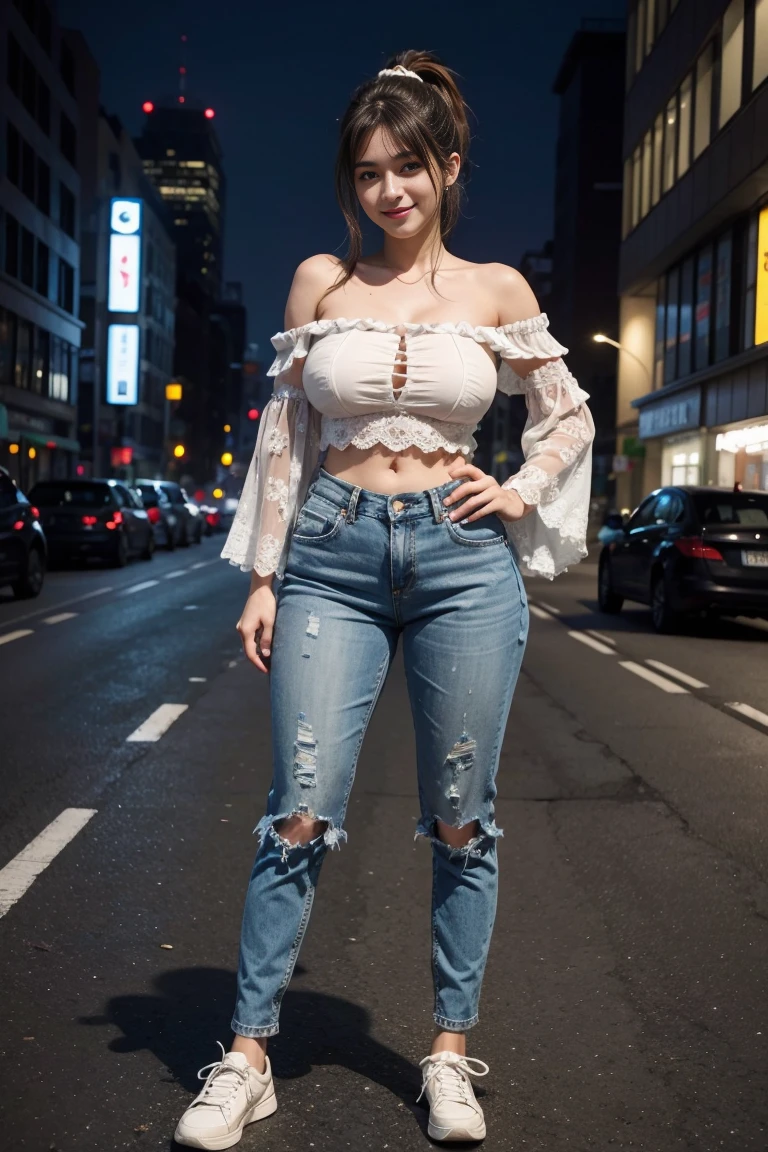 city night ,((full body shot:0.8)),with heavy traffic in the background ,beautiful woman,wearing One-shoulder Lace Patchwork Off-shoulder Ruffle Sleeve Top, heavy worn out blue jeans, red white sport shoes, woman with nice breasts, ponytail hair ,big hips, tan skin,   smile, eyelashes, highly detailed face, sexy