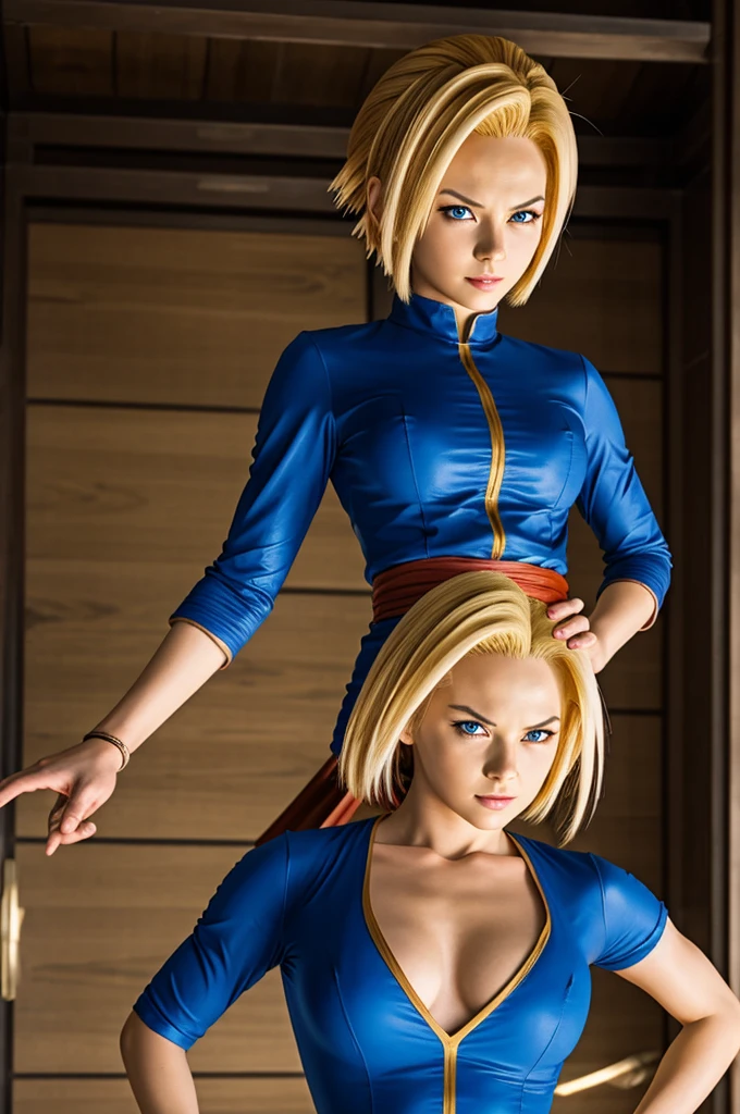 Android 18 Dragon Ball Z woman, short blonde hair, blue eyes, sexy clothing, wet white t-shirt, her tits are marked, her nipples are marked. Random scenario, looking at the camera. perfect image without imperfections ((giving a blowjob))