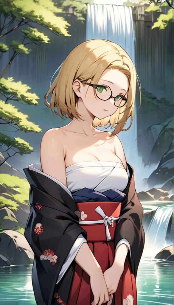 chubby girl, blonde, green eyes, medium length hair, open forehead, without bangs, glasses with black square frames Japanese clothing style, ancient japan, bare chest
water, waterfall