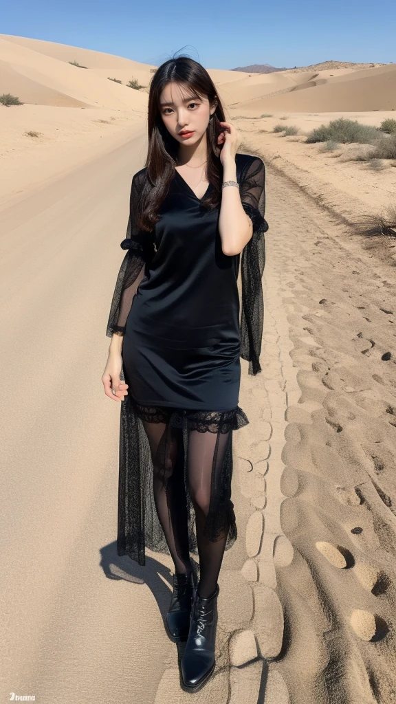 8K, RAW photo, high quality, realistic, full body photo, hip cocked, 1 girl, sideways, super detailed face, black veil, in the desert