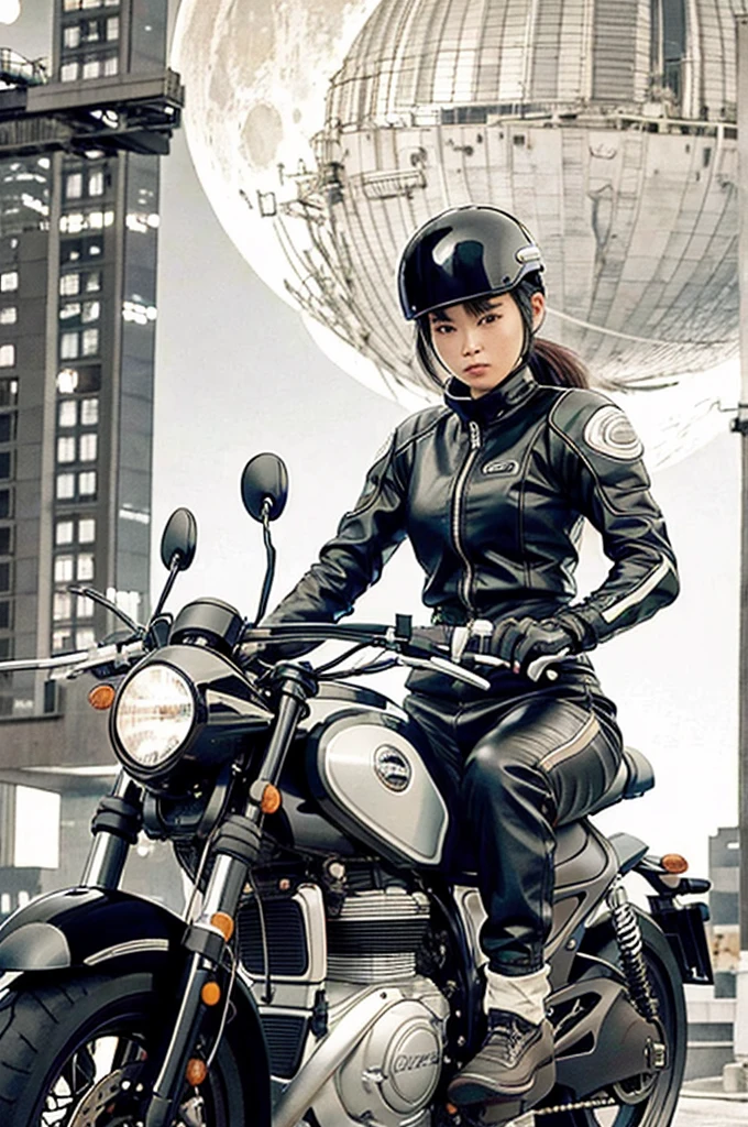 best quality, masterpiece, photo, 4K, photorealistic, highly detailed,
1girl riding motobike, techwear, cyberpunk city, solo, futuristic, huge moon in the background, black and white, by Akira Toriyama, closeup,