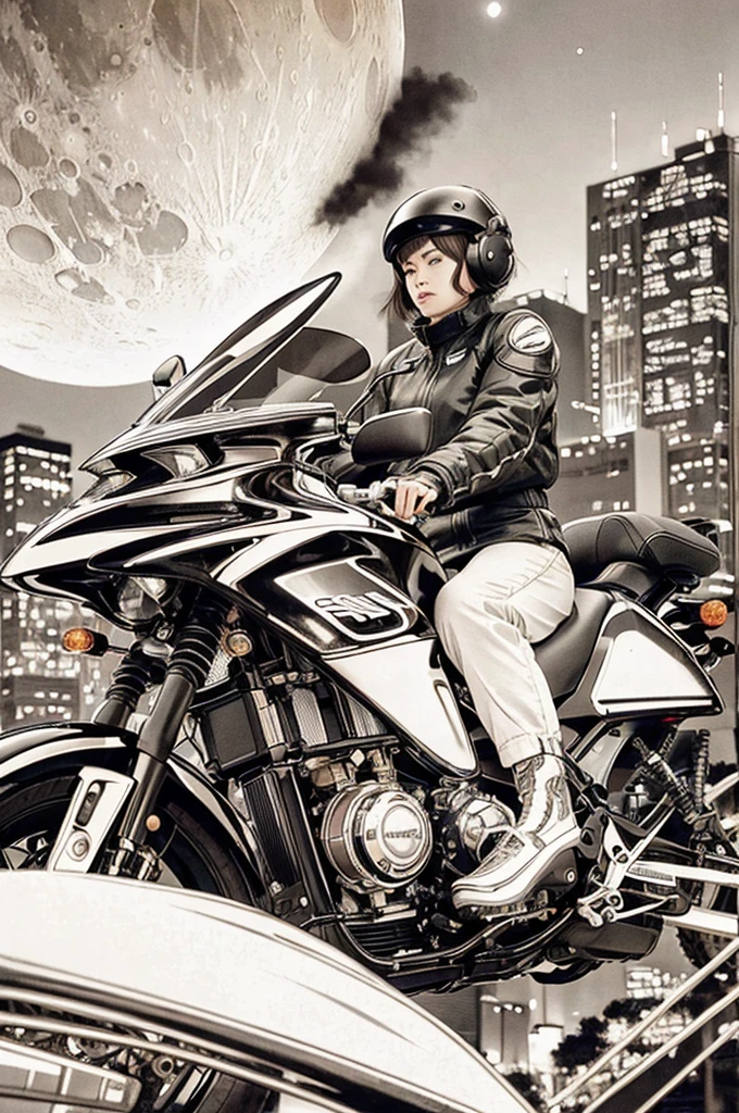 best quality, masterpiece, photo, 4K, photorealistic, highly detailed,
1girl riding motobike, techwear, cyberpunk city, solo, futuristic, huge moon in the background, black and white, by Akira Toriyama, closeup,