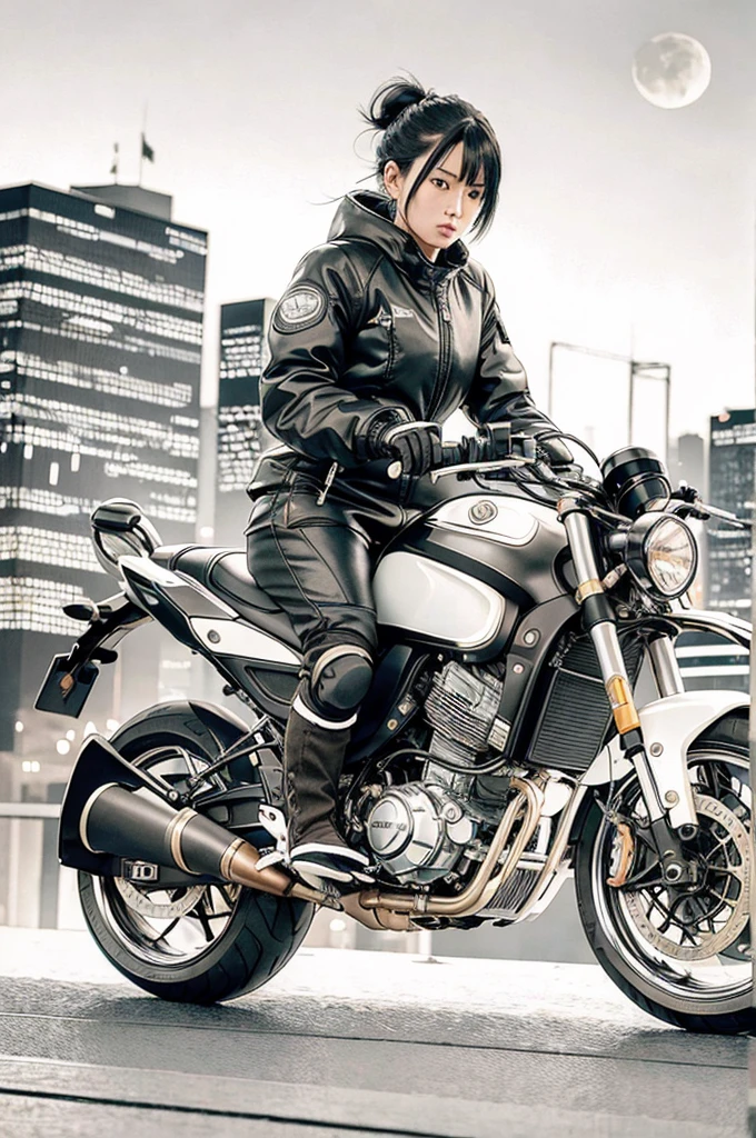 best quality, masterpiece, photo, 4K, photorealistic, highly detailed,
1girl riding motobike, techwear, cyberpunk city, solo, futuristic, huge moon in the background, black and white, by Akira Toriyama, closeup,
