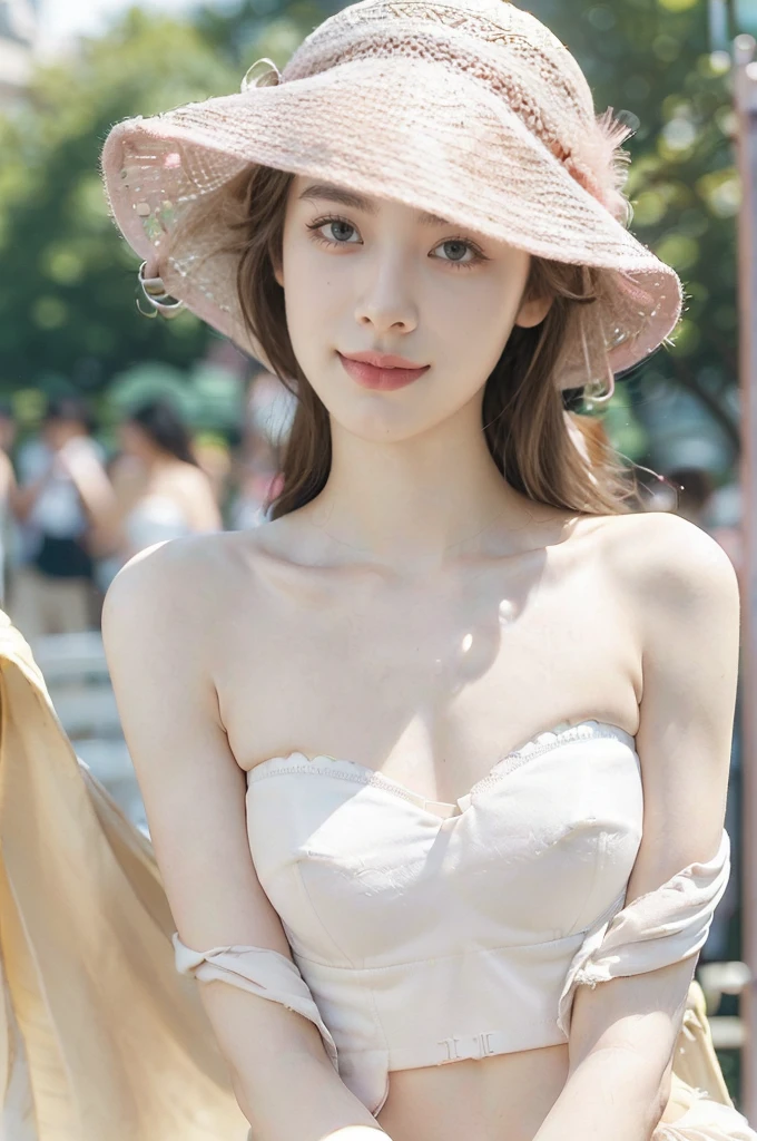 (Extremely meticulous CG),(((8k))),wallpaper,((Extremely refined and beautiful)),(((Masterpiece))),(((best qualtiy))),(((Ultra High Resolution))),realistic shaded,(Smooth and flawless fair skin:1.tremely exquisite facial details:1.2),(ultra-detailed:1.5),((a beautiful girl,solo)),(Pink Fisherman's Hat:1.5),(shoulder length straight hair:1.3),(small head:1.2),(slender face:1.2),(Exquisite makeup:1.3),(happy:1.2),(laughing:1.2),(perfect body:1.2),(strapless white bra:1.5),(small :1.3),(flat :1.2),((slim,thin)),(from front:1.3),(standing:1.3),(at the schoolgate:1.5),(urban landscape:1.3),(outdoor:1.3),(summer:1.3),(day scene:1.3),(afternoon sunshine:1.3),(close-up of face:1.3),(surrounded by crowded crowds:1.5)
