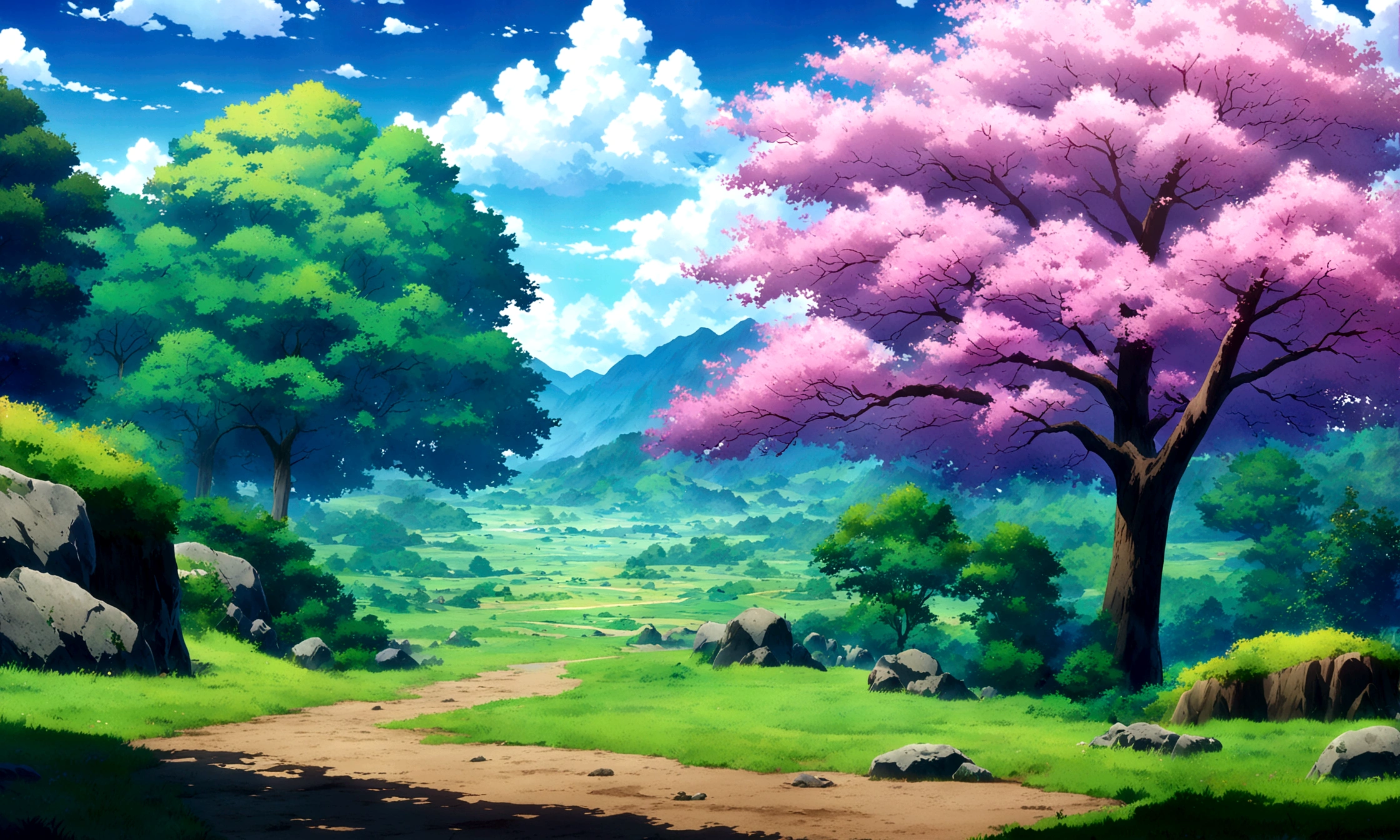 anime - style painting of a tree in a grassy field with rocks, anime countryside landscape, anime landscape, anime landscape wallpaper, anime background art, beautiful anime scenery, anime background, anime beautiful peace scene, anime scenery, anime movie background, anime nature, anime scenery concept art, colorful anime movie background, beautiful anime scene, anime scene, beautiful landscape background
