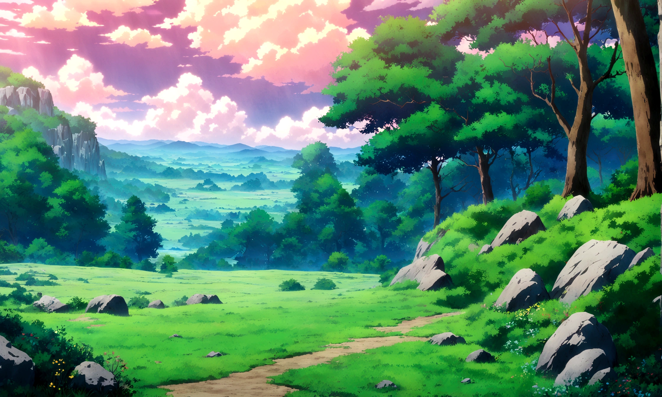 anime - style painting of a tree in a grassy field with rocks, anime countryside landscape, anime landscape, anime landscape wallpaper, anime background art, beautiful anime scenery, anime background, anime beautiful peace scene, anime scenery, anime movie background, anime nature, anime scenery concept art, colorful anime movie background, beautiful anime scene, anime scene, beautiful landscape background