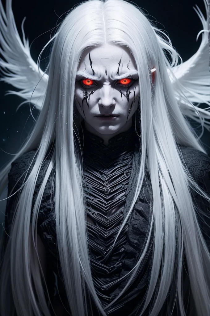 Create an image of a mythological being with the following characteristics: a completely covered mouth, glowing eyes, long and messy white hair, and a frightening expression. The being's face should convey a mix of terror and mystery. Use a dark color palette to accentuate the eerie and supernatural atmosphere
