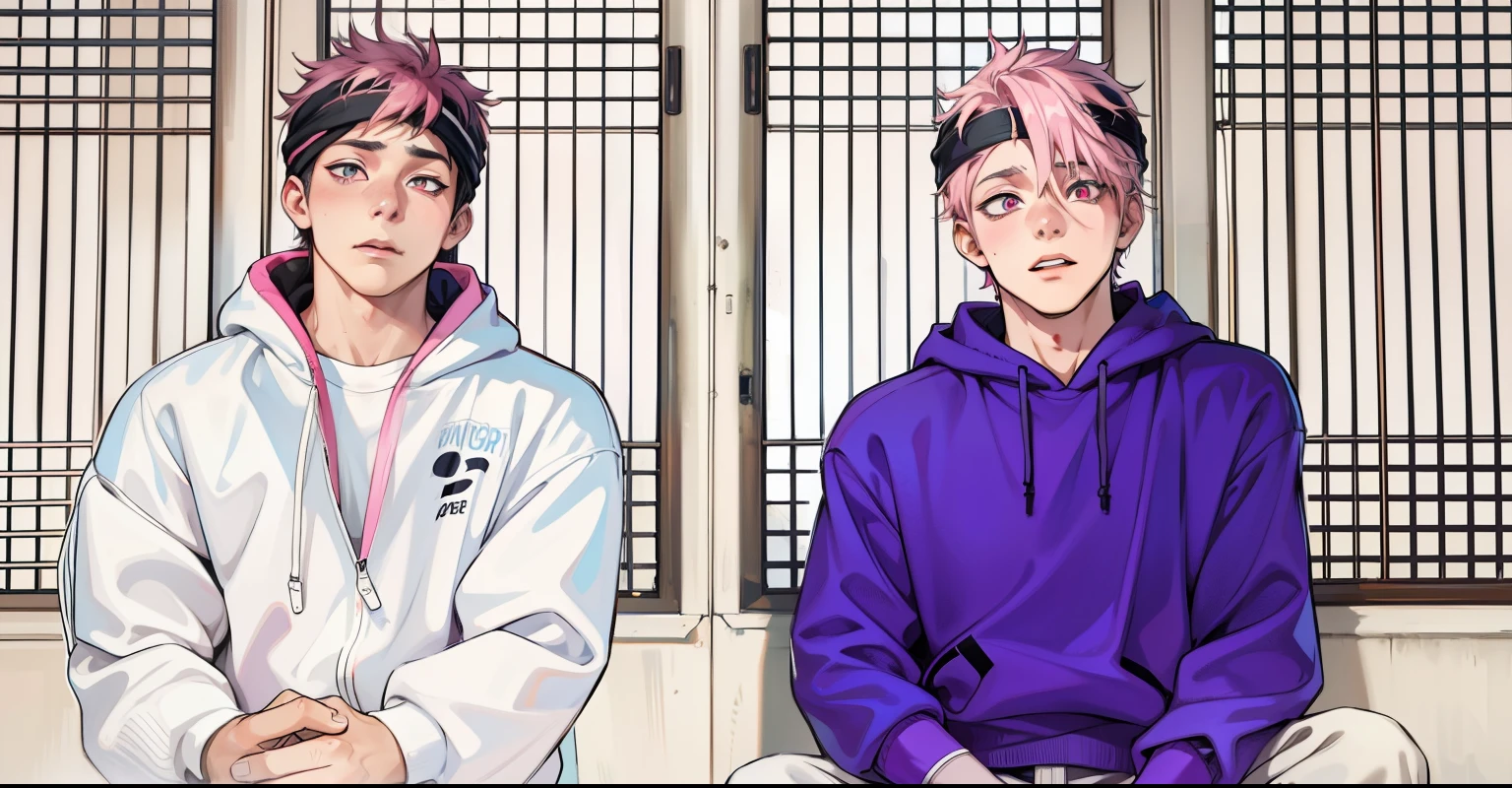 two boys with pink hair, pink eyes, they are 18 years old, they are talking sadly. , They have a black sports fabric band on their head