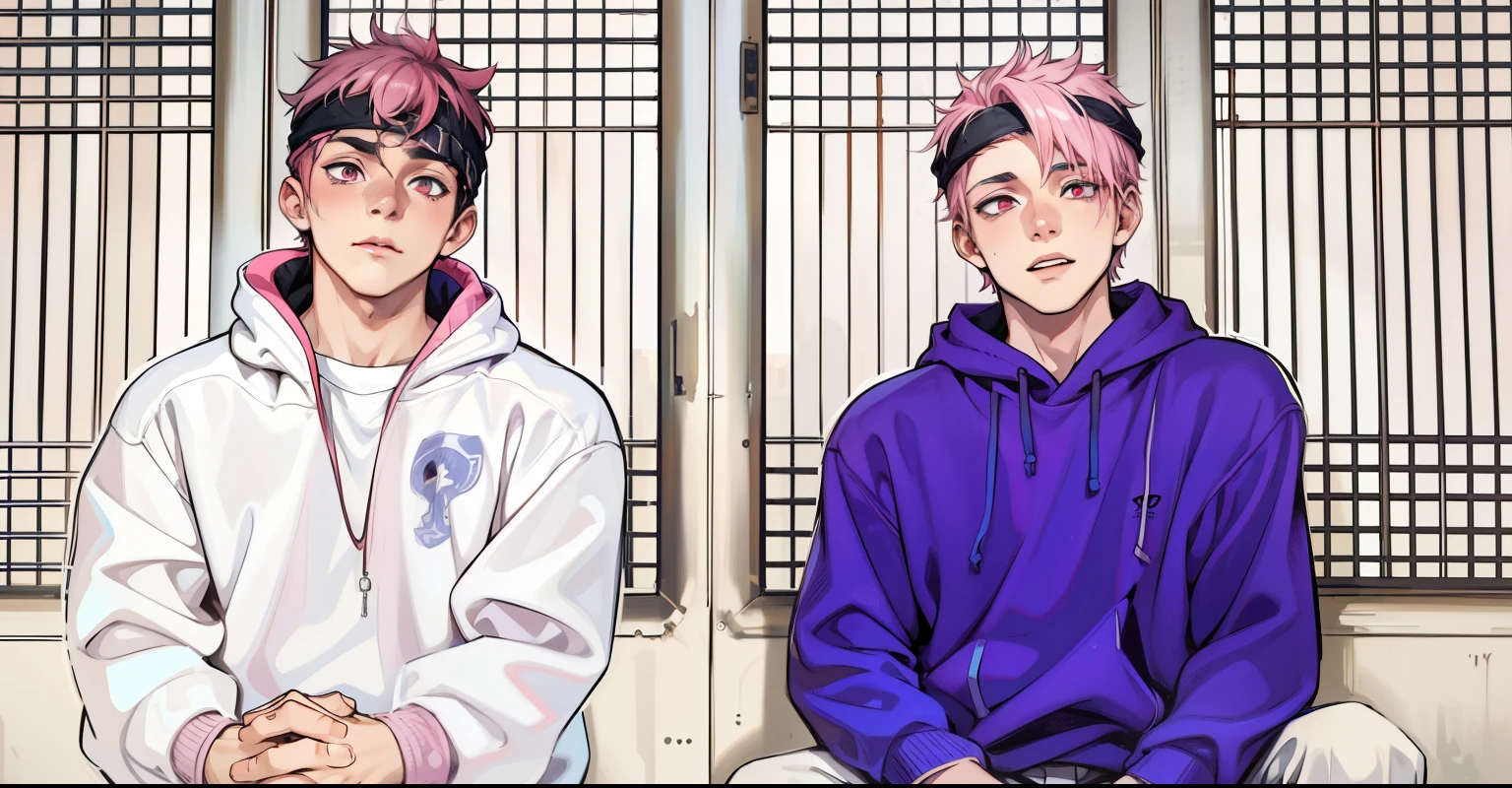 two boys with pink hair, pink eyes, they are 18 years old, they are talking sadly. , They have a black sports fabric band on their head