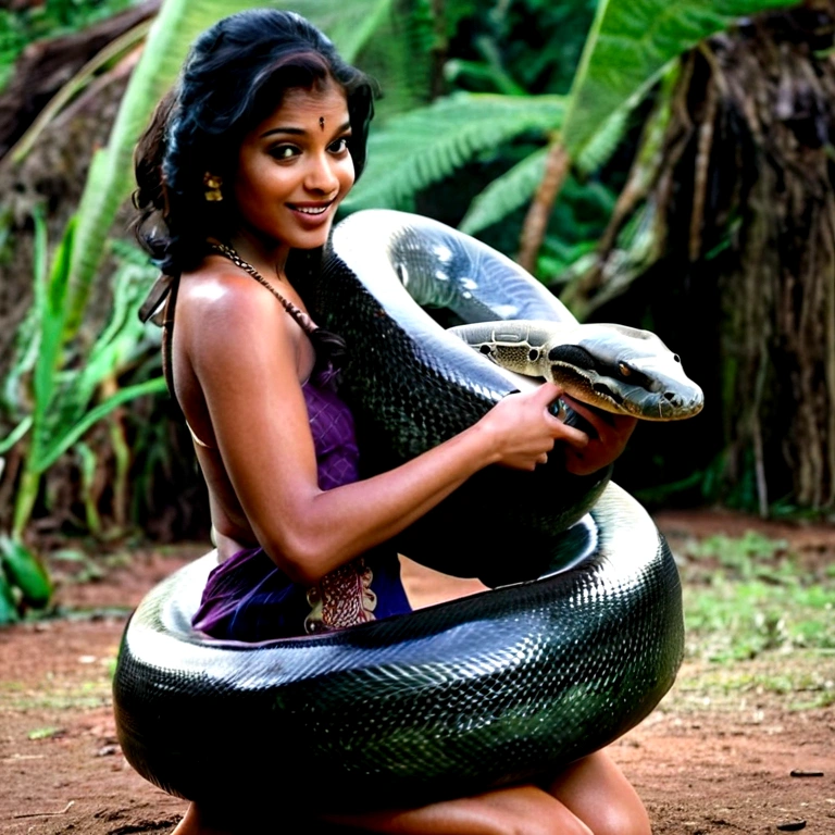  Happy Horny, aroused 1girl), beautiful kneeling indian  girl  with  giant colossal black anaconda  monster squeezing her hard, wrapped in thick spiraling coils, constricted, struggle, gasping for air, snake attack, snake peril, moonless night, dim light