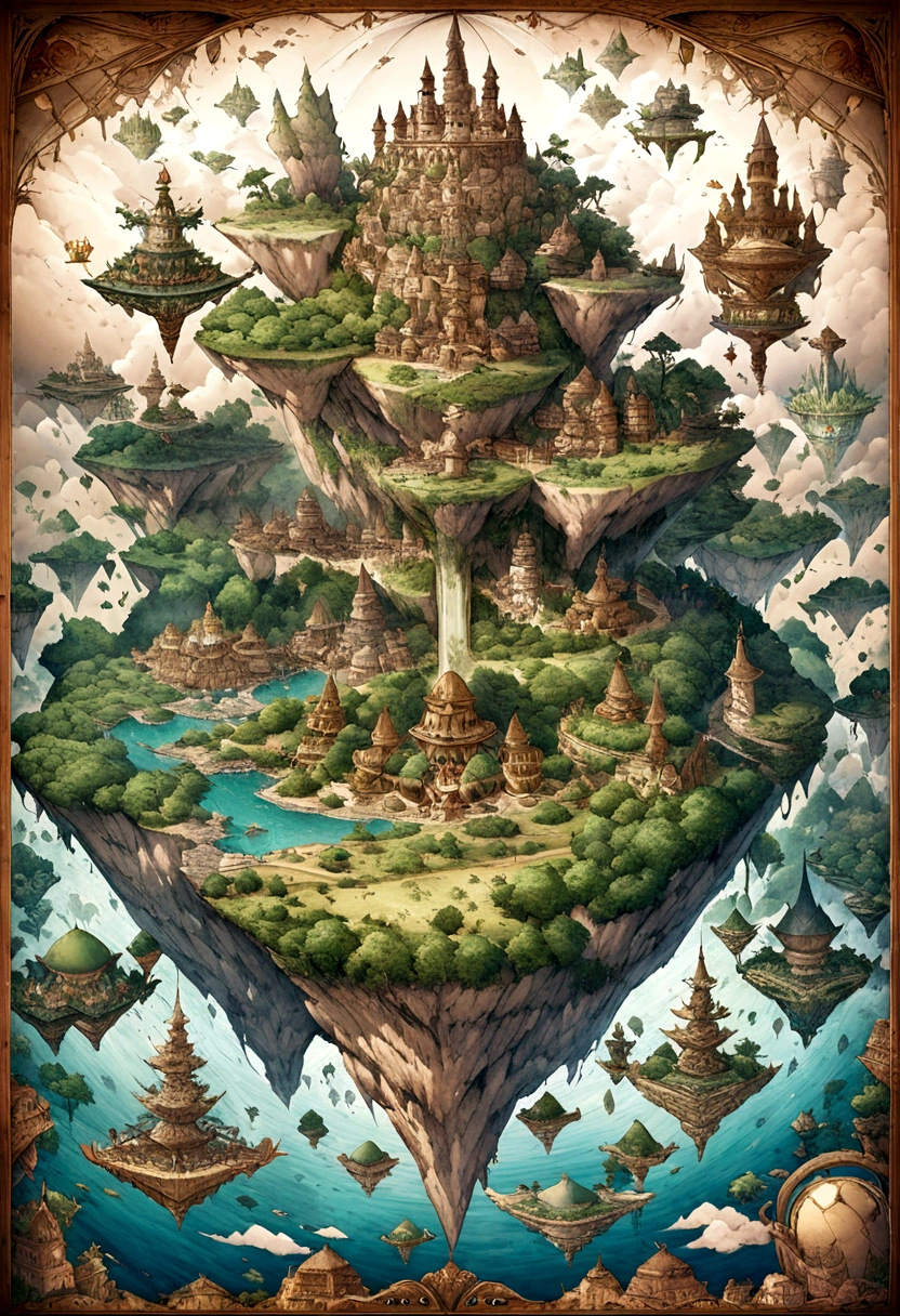 many flying islands, flying islands over ocean, flying kingdom, floating islands, floating realm,  Ancient Fantasy, Highly detailed map, Detailed Map, Height Map magic floating islands, castles and towers, waterfall in the air,