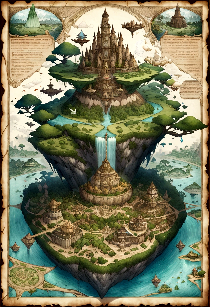 many flying islands, flying islands over ocean, flying kingdom, floating islands, floating realm,  Ancient Fantasy, Highly detailed map, Detailed Map, Height Map magic floating islands, castles and towers, waterfall in the air,