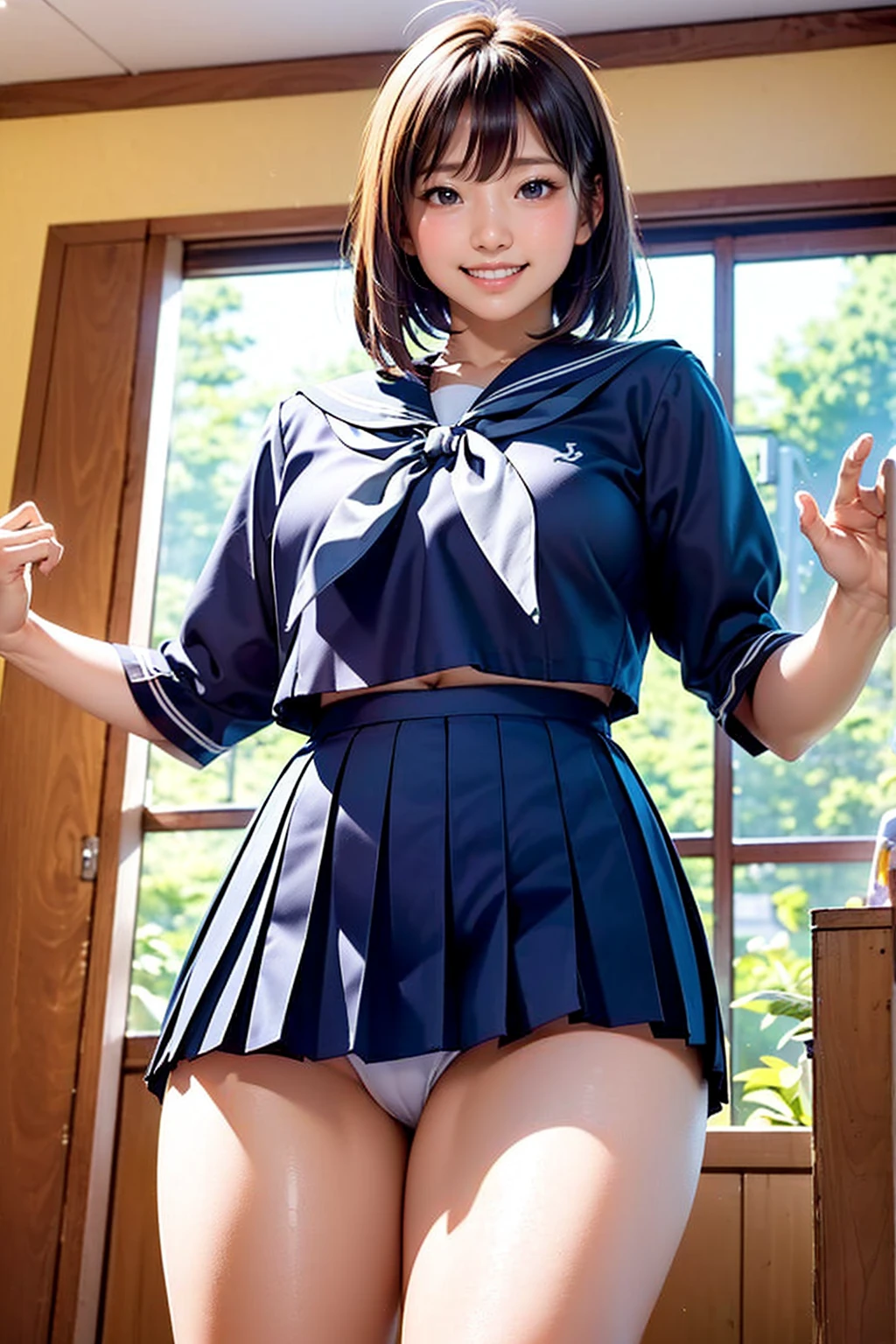 (masterpiece,Highest quality,High resolution,Realistic:1.2),(1girl:1.5),((High school girls wear short-sleeved white sailor uniforms:1.2),(Short checkered pleated skirt),White panties slightly exposed:1.2),(Smiling with teeth showing:1.3),(Bobcut, Black Hair:1.3),(Reduce exposed skin,Belly not exposed:1.2),(Cowboy Shot:1.5),(16 year old Japanese female:1.2),(The clothing size fits perfectly:1.2),(School corridor:1.3), (Camel Toe:1.3), (Thick thighs:1.2), (A is a view from below:1.4)