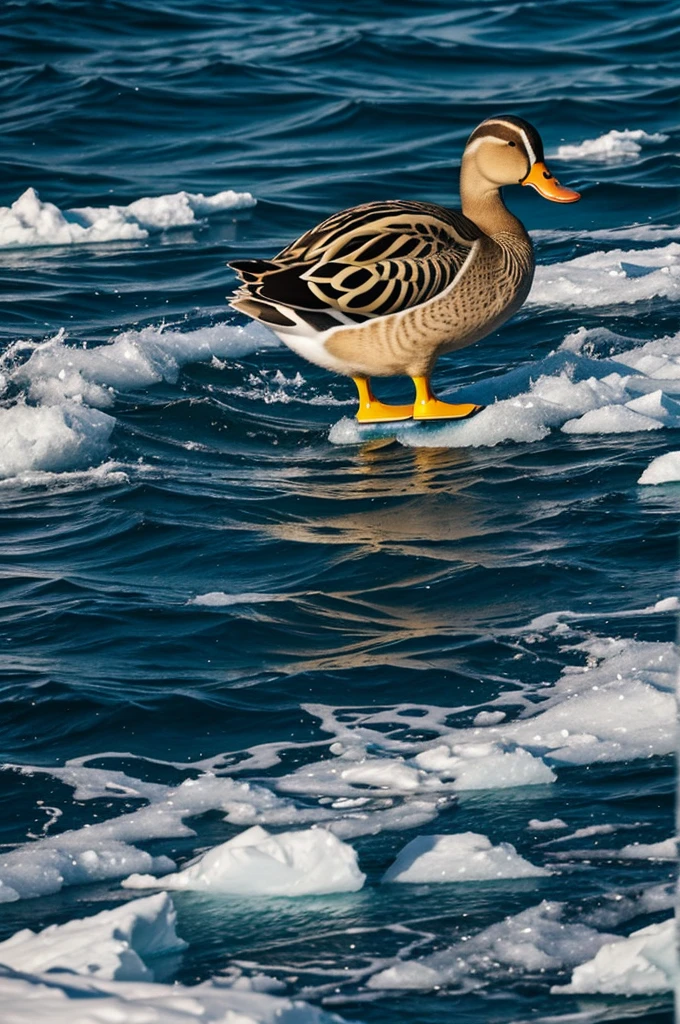 a duck with skates on the antarctic sea.