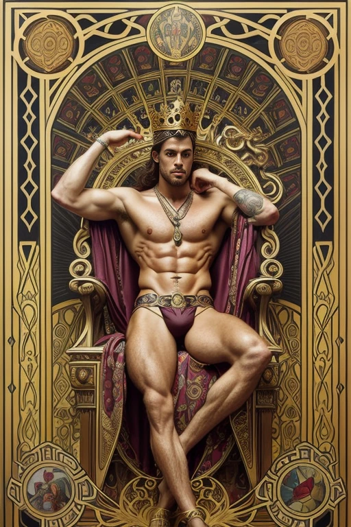 a surreal courtly photography, ultra-detailed, panoramic composition of subject and complete surrounding environment, handsome manly young topless christian hogue sitting on a throne, wears rich silks shorts and decorations, a crown on his head, Gold snake pattern tattoo , inspired by Cornelis Engebrechtsz, inspired by Nikolay Nikanorovich Dubovskoy, inspired by John Nelson Battenberg, inspired by Konstantin Westchilov, maximalist art nouveau, modern art nouveau, Artem Demura. Alphonse Mucha