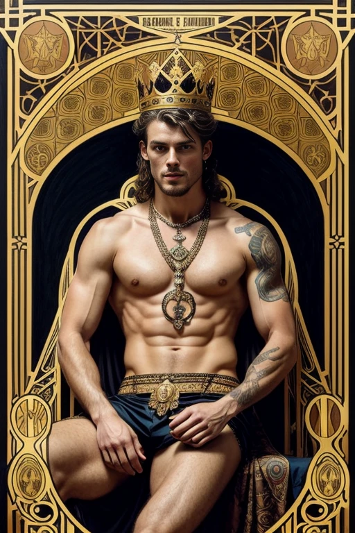a surreal courtly photography, ultra-detailed, panoramic composition of subject and complete surrounding environment, handsome manly young topless christian hogue sitting on a throne, wears rich silks shorts and decorations, a crown on his head, Gold snake pattern tattoo , inspired by Cornelis Engebrechtsz, inspired by Nikolay Nikanorovich Dubovskoy, inspired by John Nelson Battenberg, inspired by Konstantin Westchilov, maximalist art nouveau, modern art nouveau, Artem Demura. Alphonse Mucha