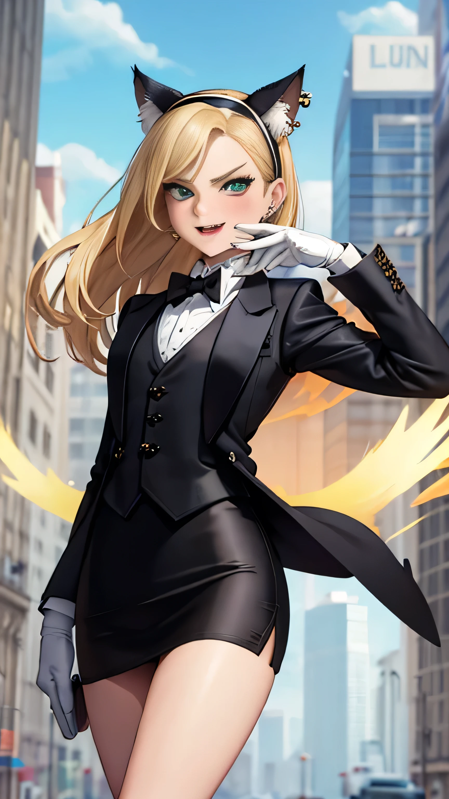(masterpiece, best quality), 1girl, solo, blonde hair, hairband, short wavy hair, slicked-back hair, green eyes, small perky breasts, freckles, pale skin, long eyelashes, black satin skirt suit, tuxedo, (((three-piece suit))), silk bowtie, blazer, (((dinner jacket))), (((waistcoat))), double-breasted waistcoat, (((bodycon miniskirt))), (((pencil skirt))), cufflinks, pocket square, pocket watch, pantyhose, high heels, earrings, ear piercing, outdoors, walking, smug, evil, arrogant, wind, floating, upper body, looking at viewer, cat ears, cat tail, fangs, white gloves