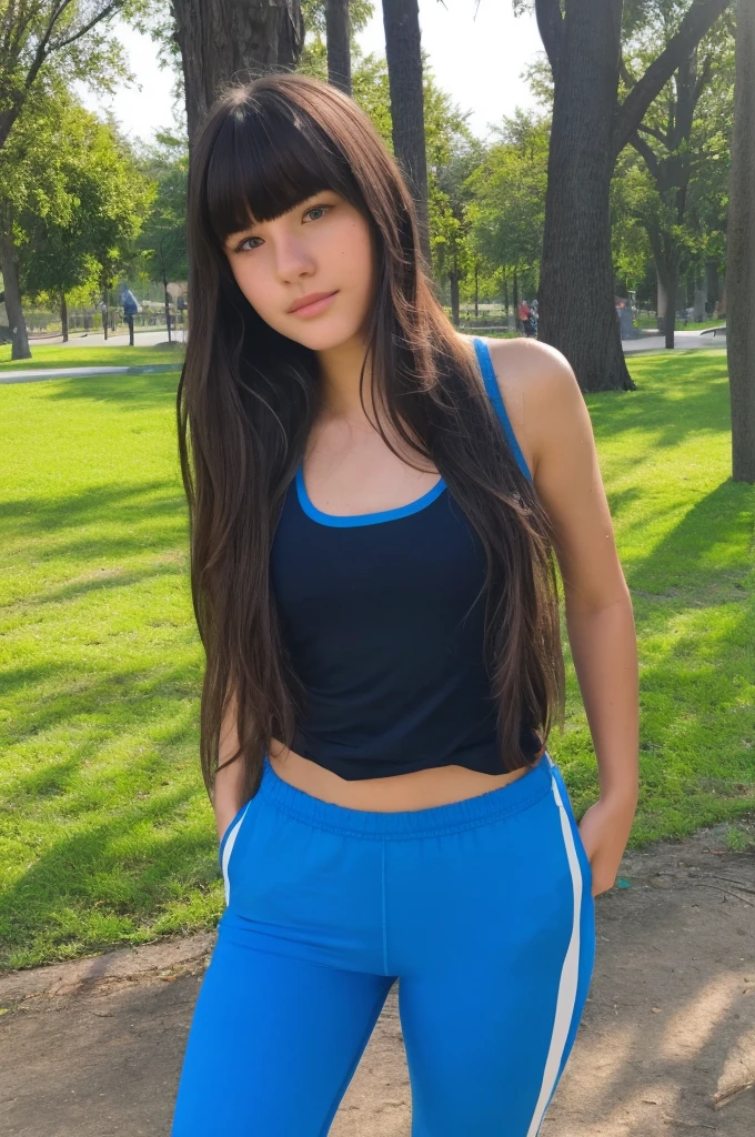 A pretty girl with long hair with wavy bangs with a cute and pretty face in a park very sweaty athletic full body wearing sportswear