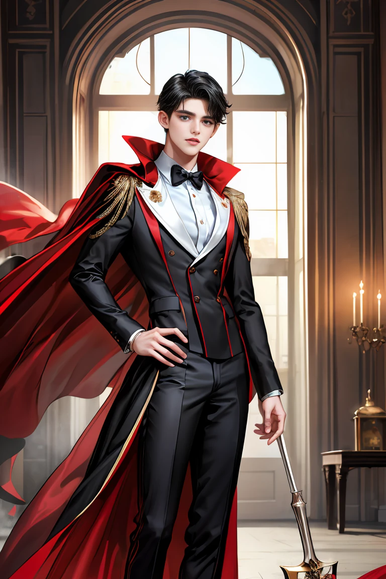 masterpiece, 最high quality, high quality, 1 boy, alone, Male focus, Watching the audience, Messy black hair, Adorable big blue eyes, White people, Noble, Noble,Sexy voluminous black and red cape、Tuxedo、A very voluminous, large, very large, very large, long, long red and black cape with a high stand-up collar, reaching down to the floor, made of a lot of fabric., 17 years old,Cute beautiful boys,Cute, cute, kind, handsome guy