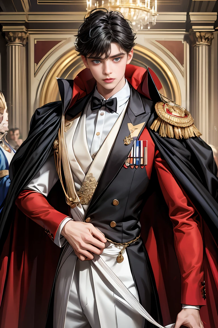 masterpiece, 最high quality, high quality, 1 boy, alone, Male focus, Watching the audience, Messy black hair, Adorable big blue eyes, White people, Noble, Noble,Sexy voluminous black and red cape、Tuxedo、A very voluminous, large, very large, very large, long, long red and black cape with a high stand-up collar, reaching down to the floor, made of a lot of fabric., 17 years old,Cute beautiful boys,Cute, cute, kind, handsome guy