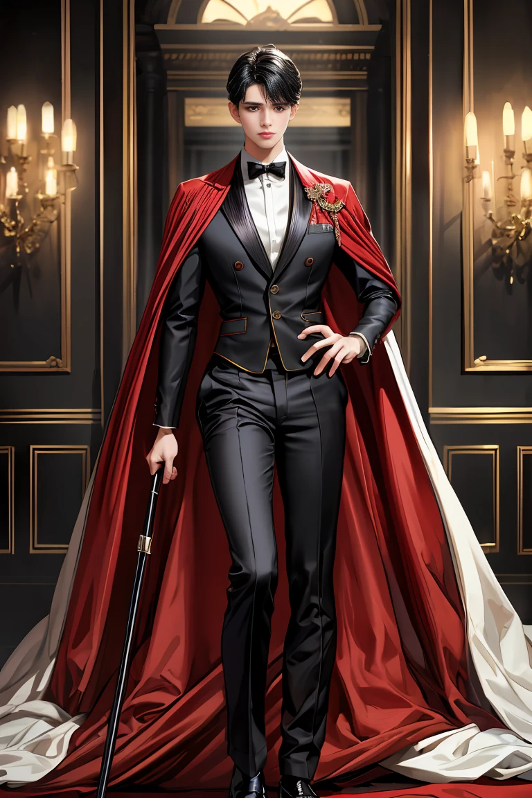masterpiece, 最high quality, high quality, 1 boy, alone, Male focus, Watching the audience, Messy black hair, Adorable big blue eyes, White people, Noble, Noble,Sexy voluminous black and red cape、Tuxedo、A very voluminous, large, very large, very large, long, long red and black cape with a high stand-up collar, reaching down to the floor, made of a lot of fabric., 17 years old,Cute beautiful boys,Cute, cute, kind, handsome guy