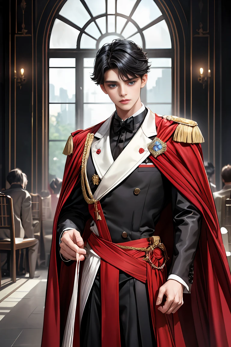 
masterpiece, 最high quality, high quality, 1 boy, alone, Male focus, Watching the audience,  Messy black hair, Adorable big blue eyes, White people, Noble, Noble,Sexy voluminous black and red cape、Tuxedo、A very voluminous, large, very large, very large, long, long red and black cape with a high stand-up collar, reaching down to the floor, made of a lot of fabric., 17 years old,Cute beautiful boys,Cute, cute, kind, handsome guy