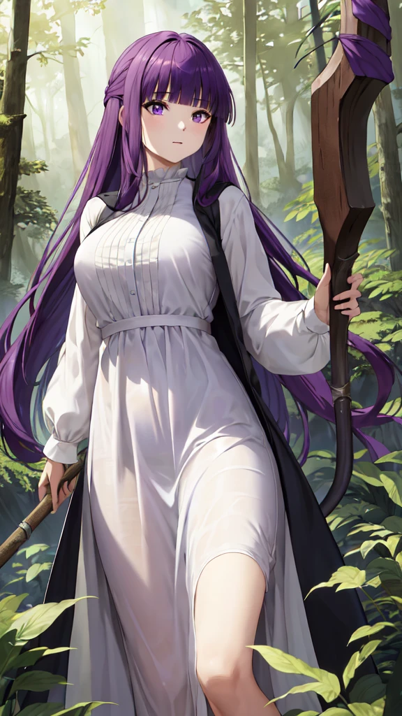 masterpiece, Highest quality, High resolution, Arfern, Long Hair, Purple Hair, Blunt bangs, Purple eyes, Large Breasts, Long dress, White Dress, Black Robe, Long sleeve, Are standing, holding staff, forest, Cowboy Shot,